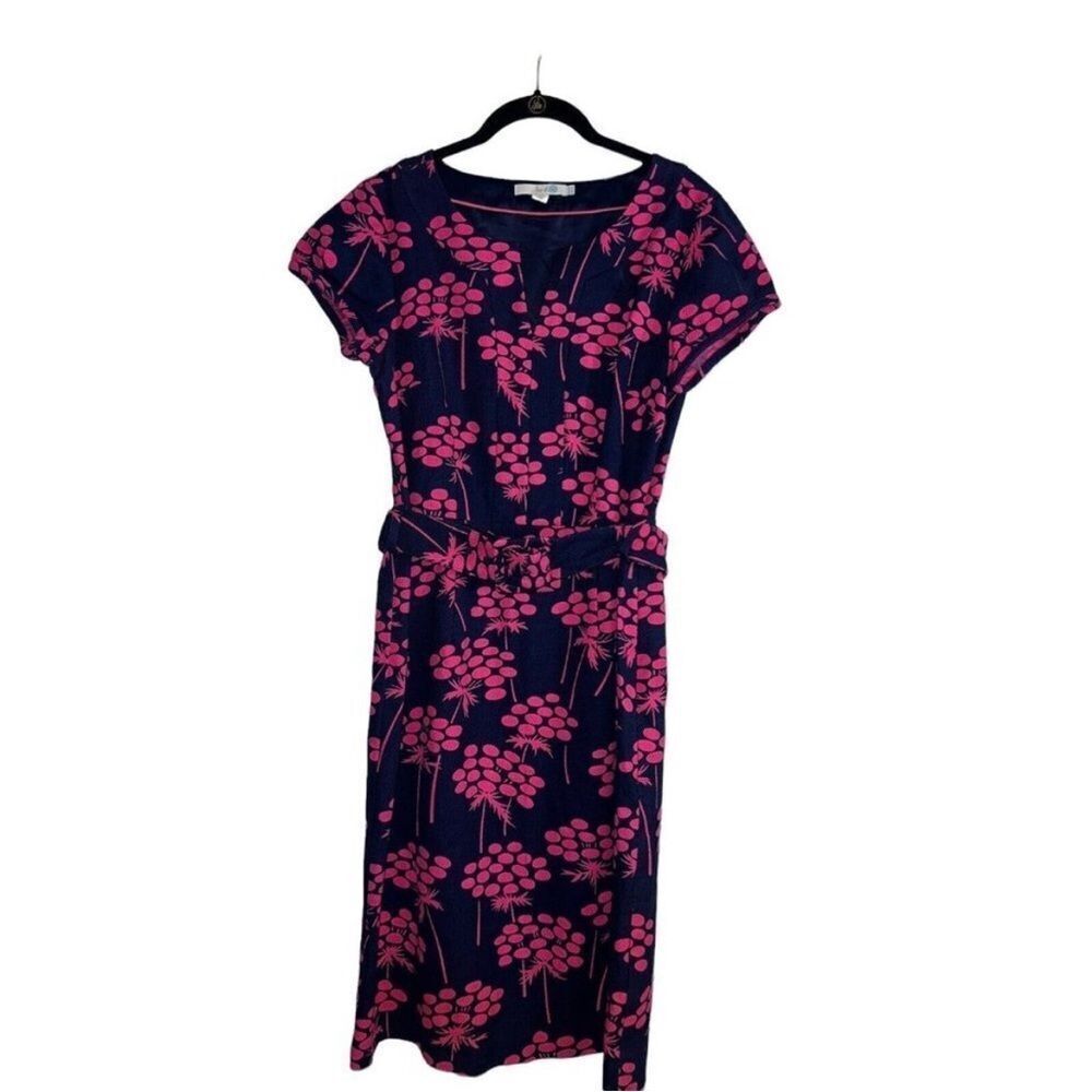 BODEN Notch‎ Neck Shift Dress WH380 Navy & Pink Floral Damask Belted Lined 6L